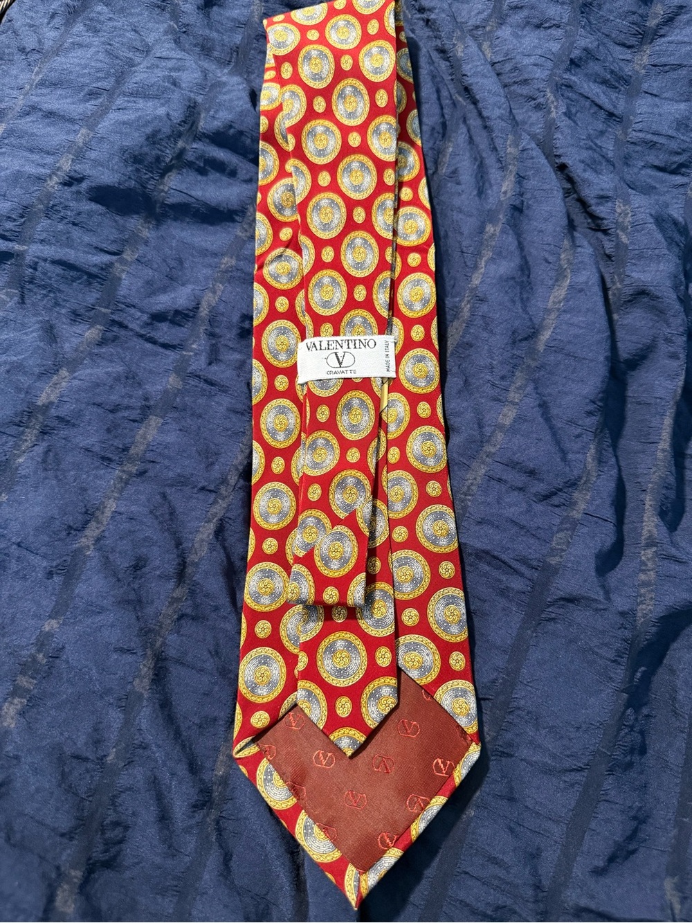 Valentino Red Silk Tie with Gold and Blue Medallions